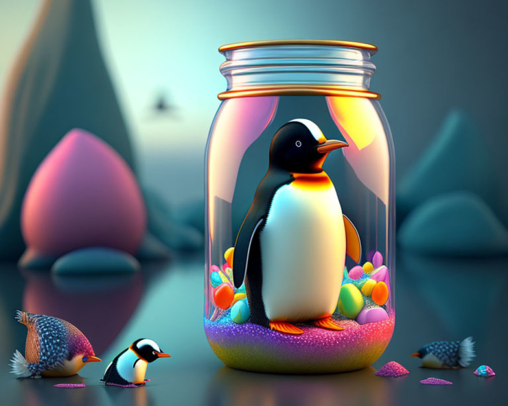 Whimsical penguin in glass jar with candies, fish, and blue backdrop