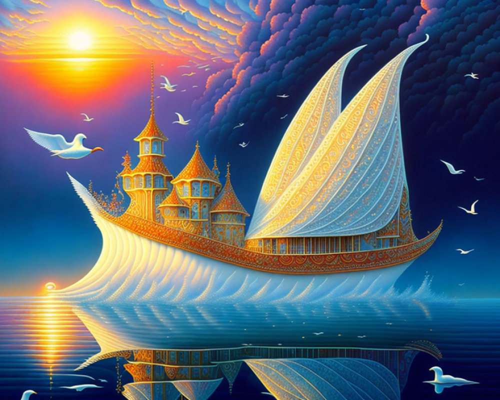 Majestic ship with ornate sails on the sea at sunset surrounded by flying seagulls