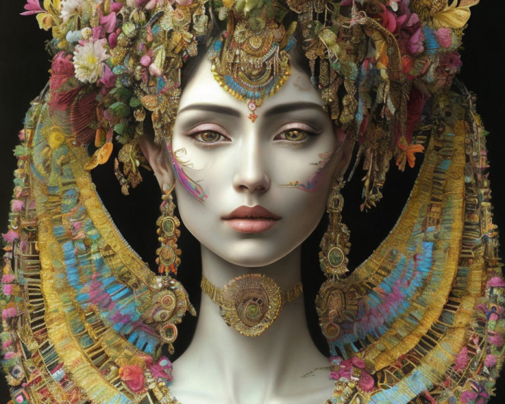 Elaborate portrait of a person with detailed headdress and face paint