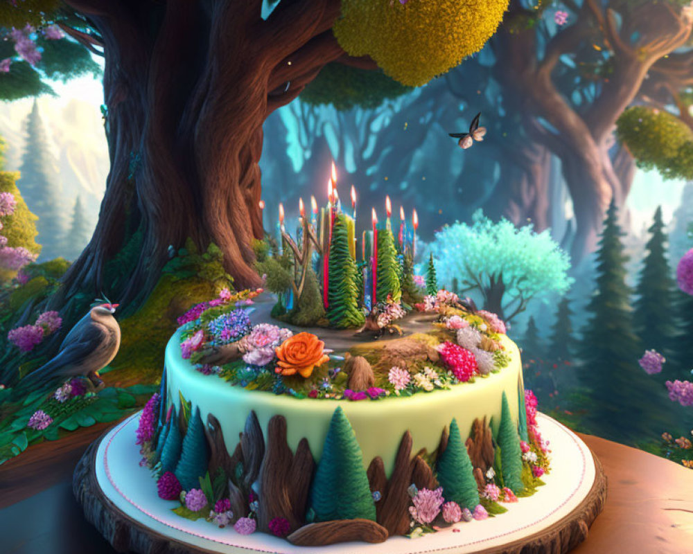 Whimsical forest-themed cake with lit candles and floral decorations