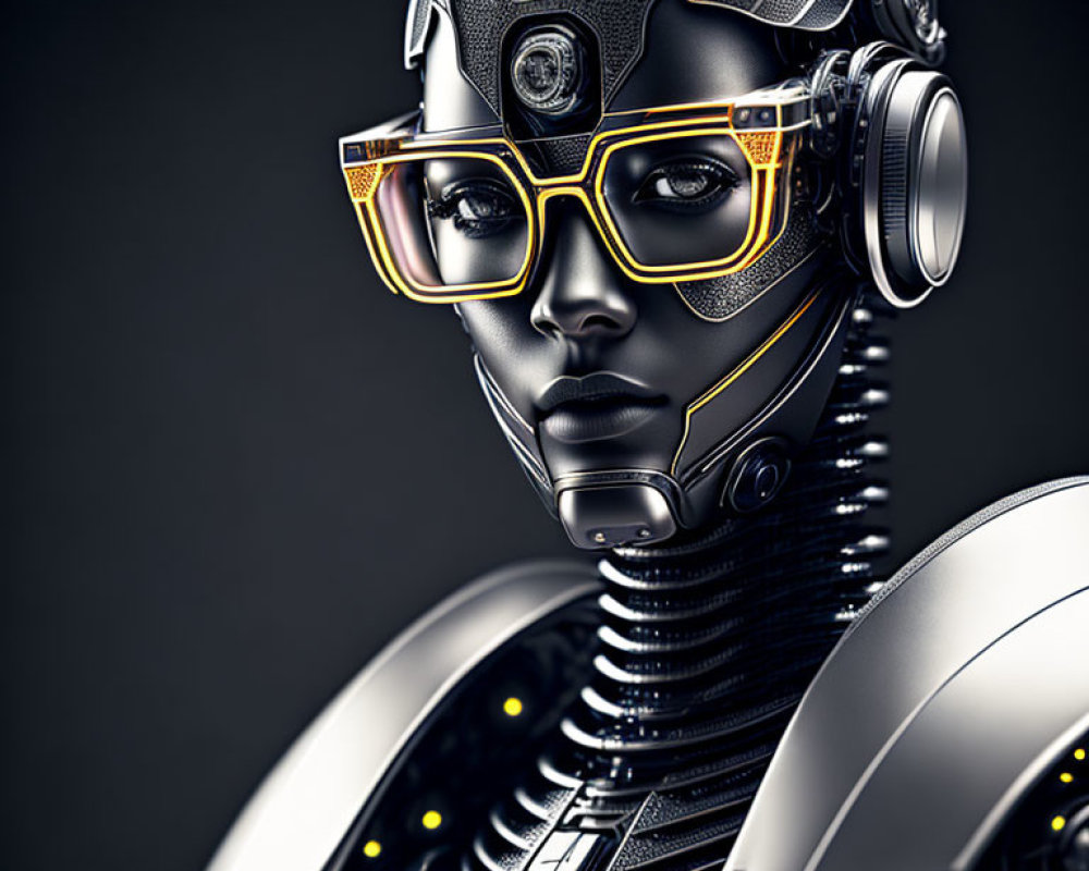 Detailed Female Robot with Yellow Glasses on Dark Background