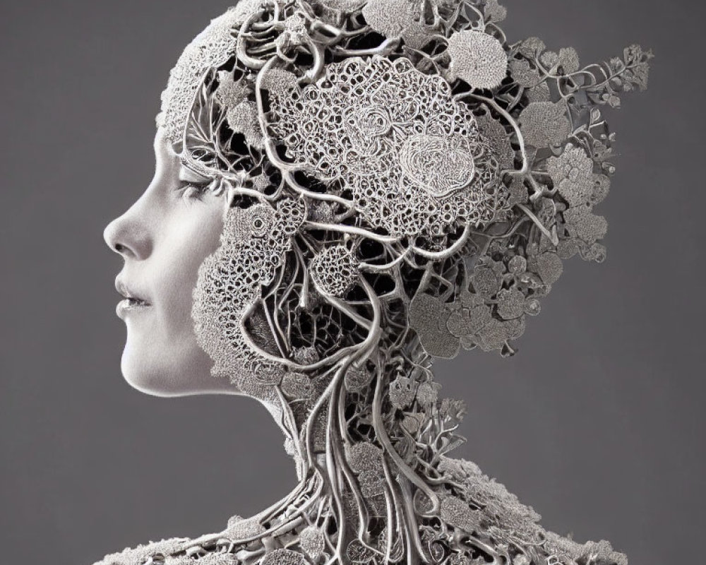 Human profile with metallic lace-like structures on head and hair against grey background