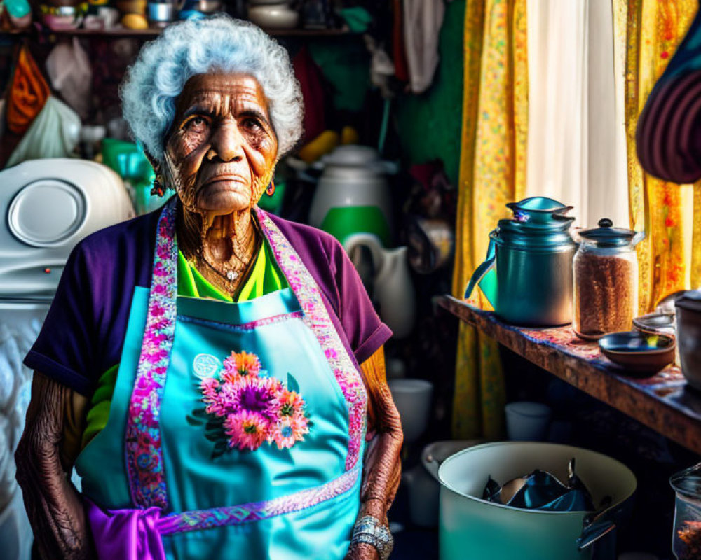 Elderly woman in blue apron in colorful kitchen