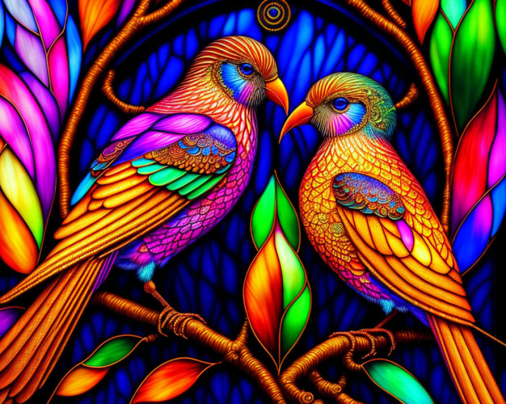 Vibrant Stylized Bird Artwork on Branch Background