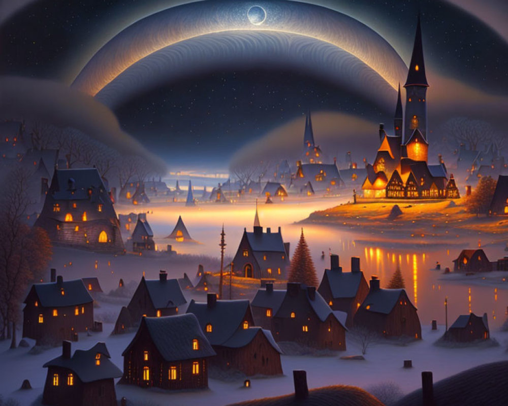 Snowy village at night with illuminated houses, church, lake reflection, moon, and striped clouds.