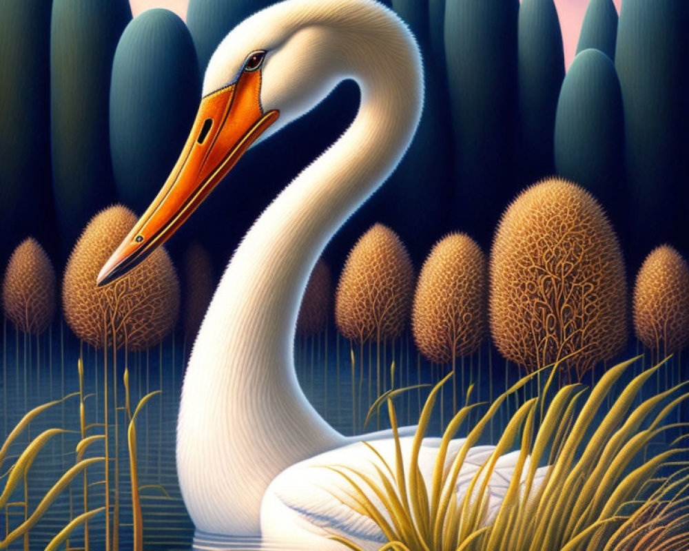 Stylized white swan with orange beak in serene nature scene