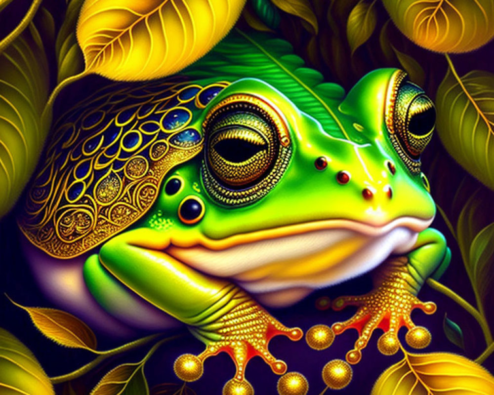 Colorful Frog Illustration Surrounded by Green Leaves