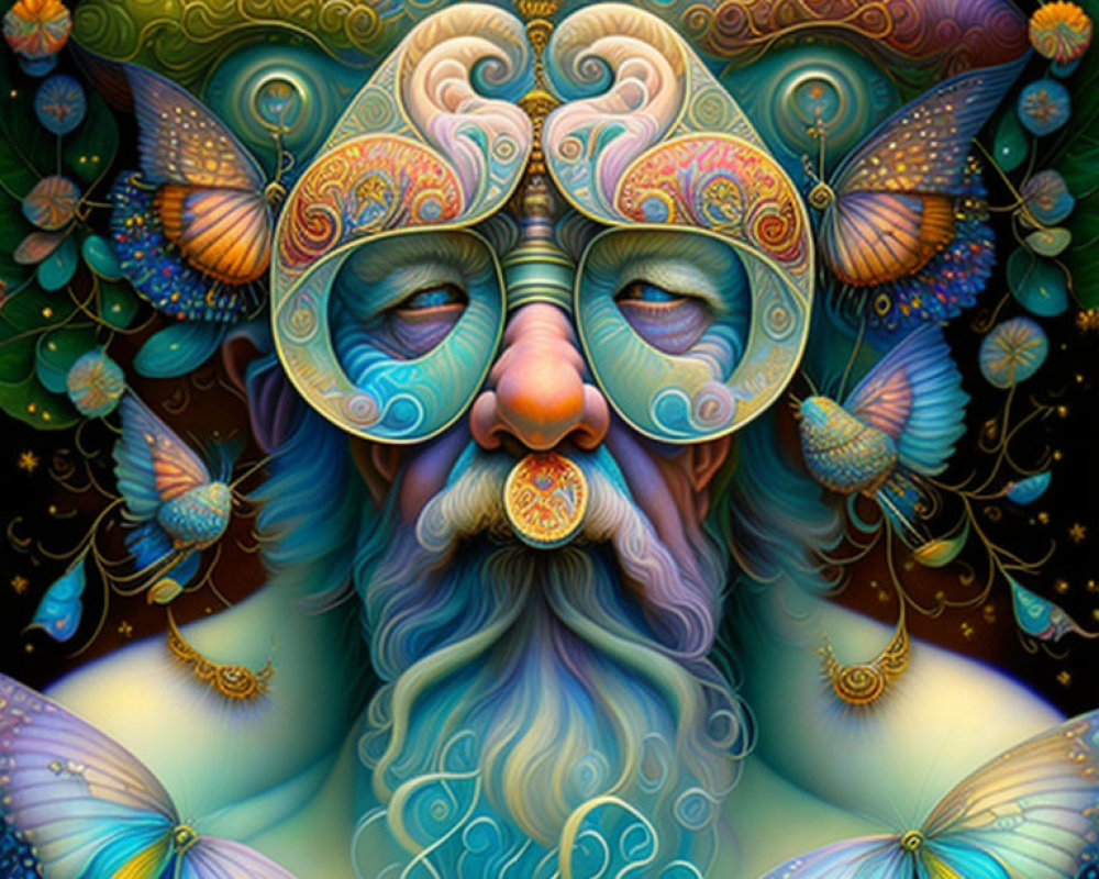 Colorful Psychedelic Portrait of Elderly Man with Butterflies