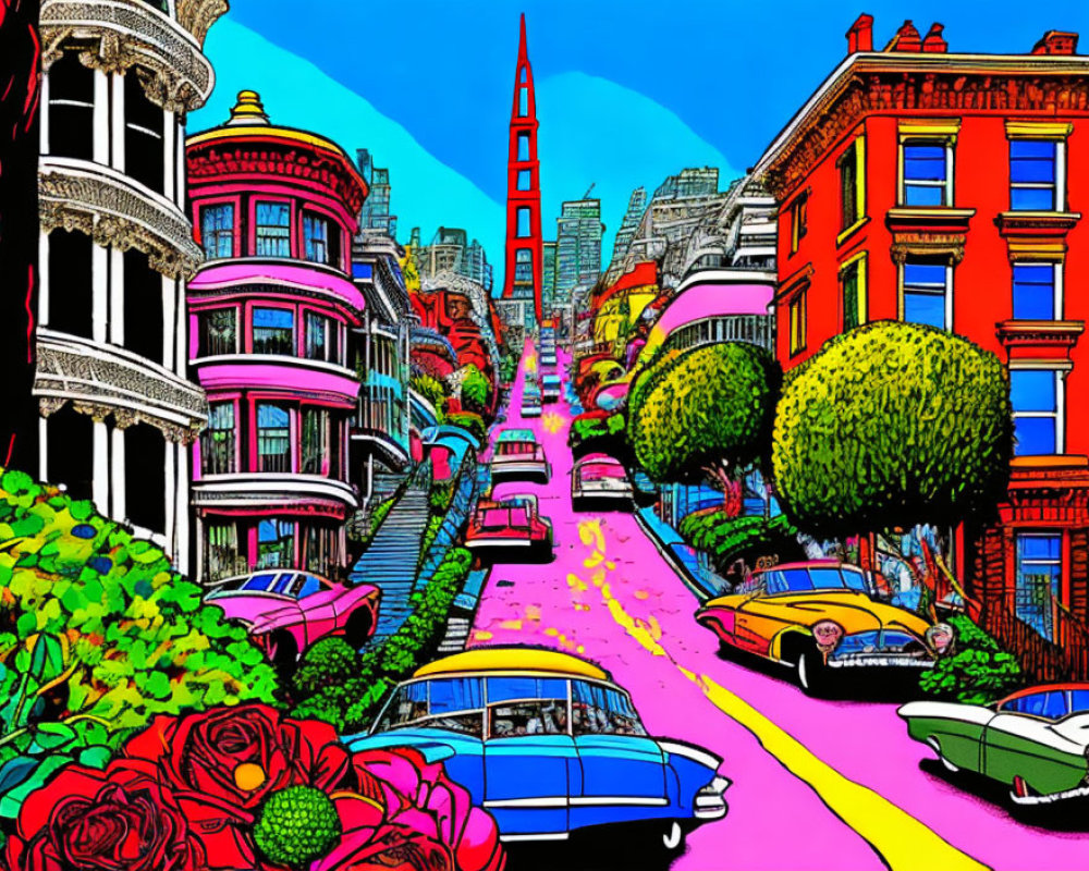 Colorful illustration of steep city street with vintage cars and red bridge.