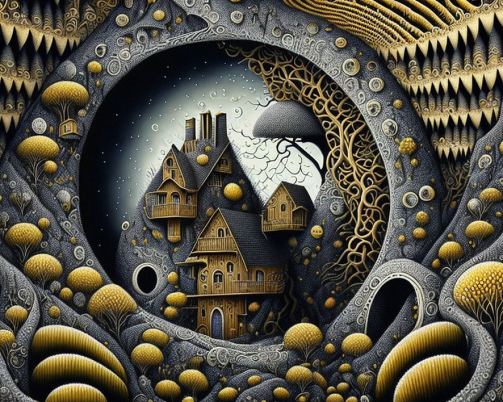 Surrealist artwork of ornate houses in fantastical scene