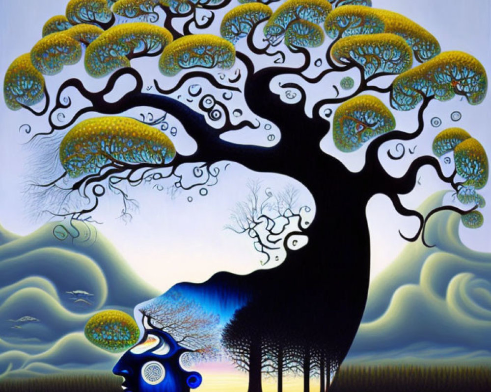 Surreal painting: Tree with brain-like canopies morphing into human face silhouette, hills,