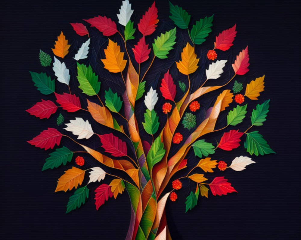 Vibrant tree art with multicolored leaves and berries on dark backdrop