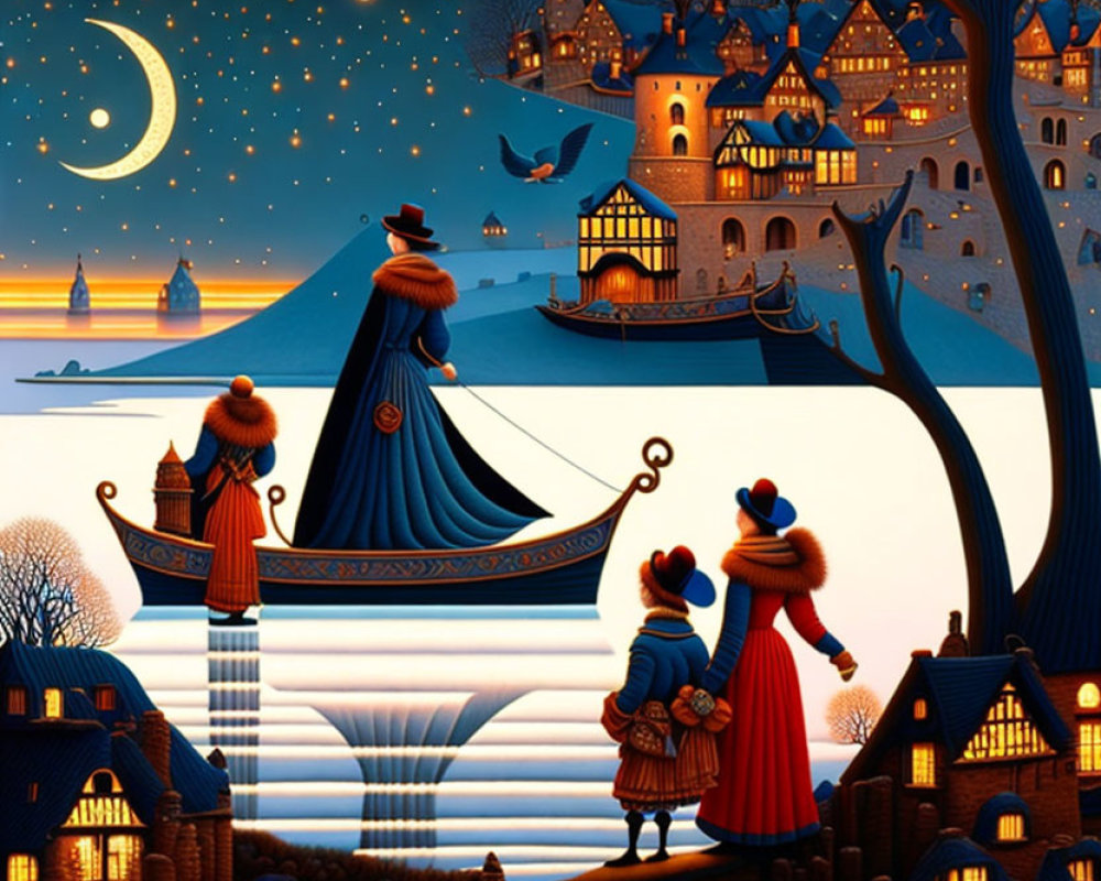 Whimsical night scene with vintage clothing, owl, crescent moon, illuminated houses, boat on