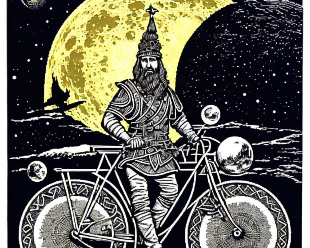 Viking warrior with bicycle on lunar surface with yellow moon and planets