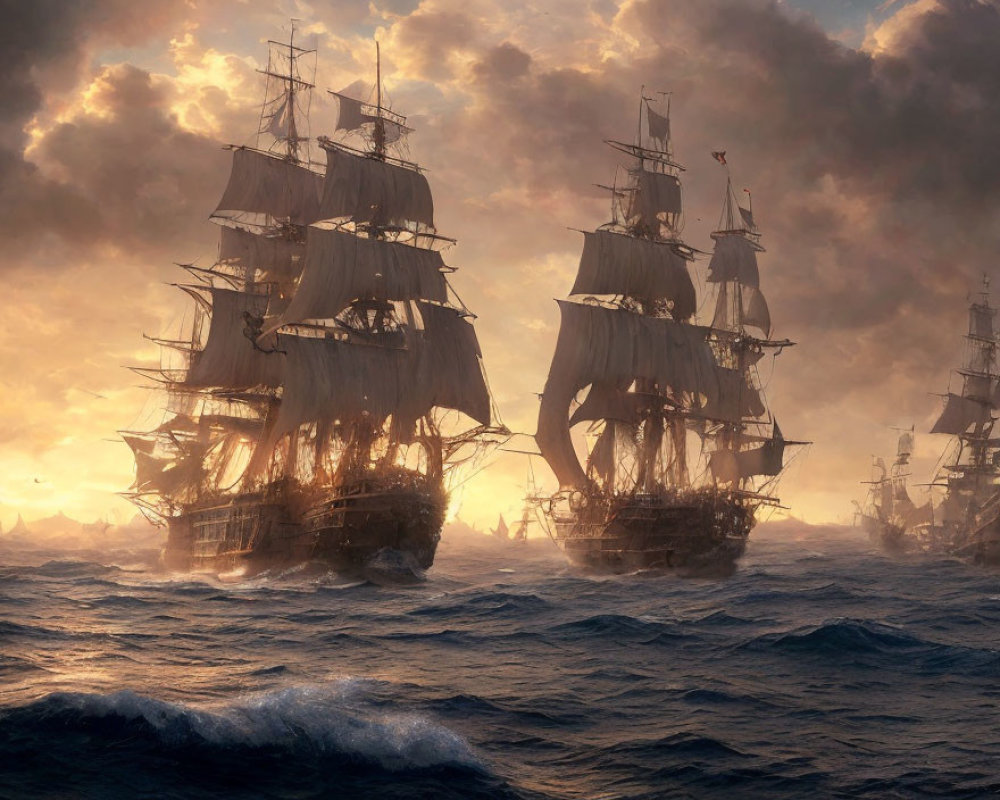 Tall ships with full sails in stormy seas at sunset