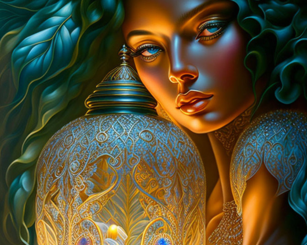 Stylized portrait of woman with green hair holding ornate golden lamp