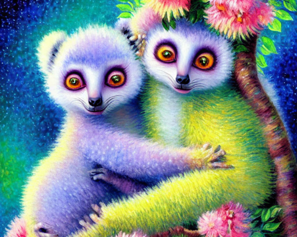 Colorful Lemurs Embracing in Fantasy Setting