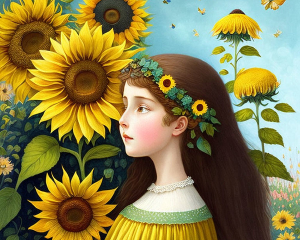 Girl with Sunflower Wreath in Sunflower Field with Butterflies