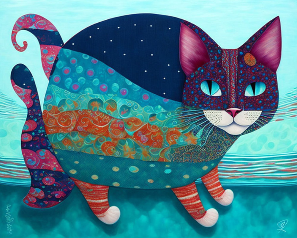 Colorful stylized cat with patchwork patterns and large eyes on teal background