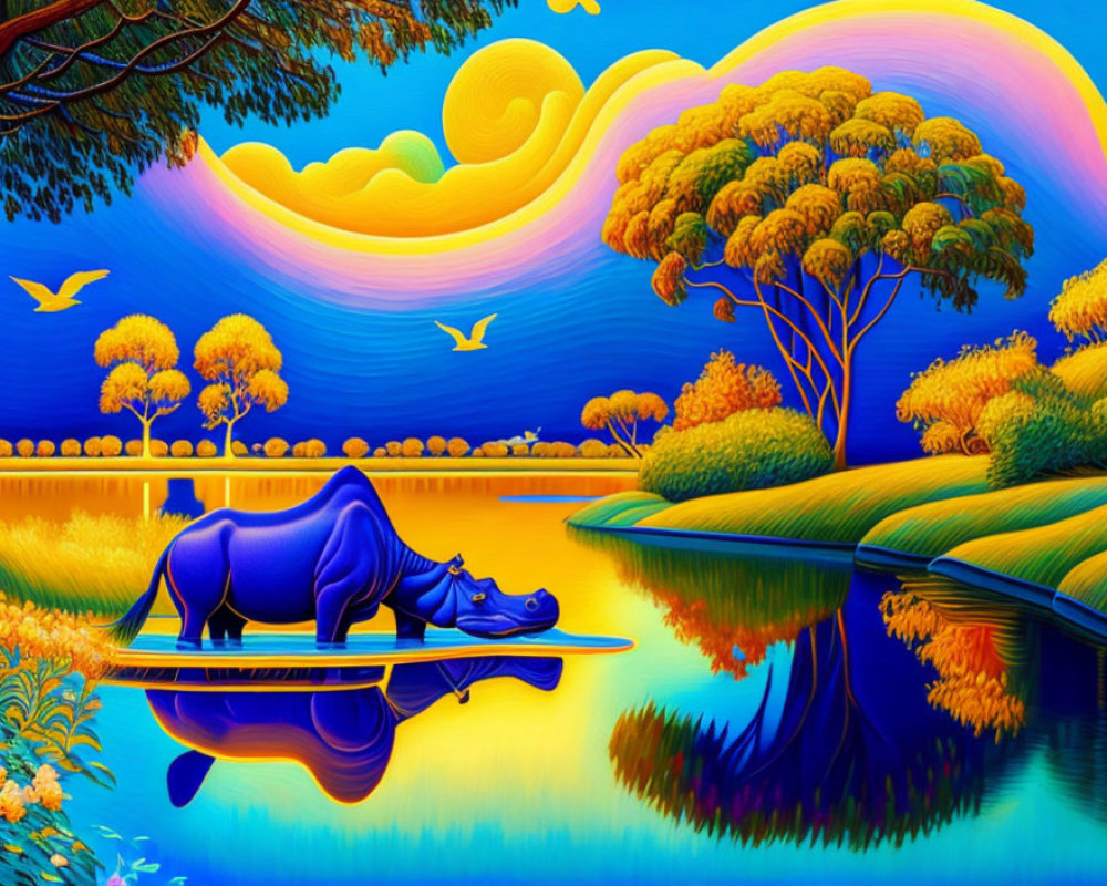 Colorful Hippopotamus Painting by River with Rainbow and Sun