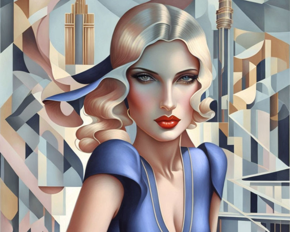 Blonde Woman Portrait with Red Lips and Blue Dress in Art Deco Cityscape