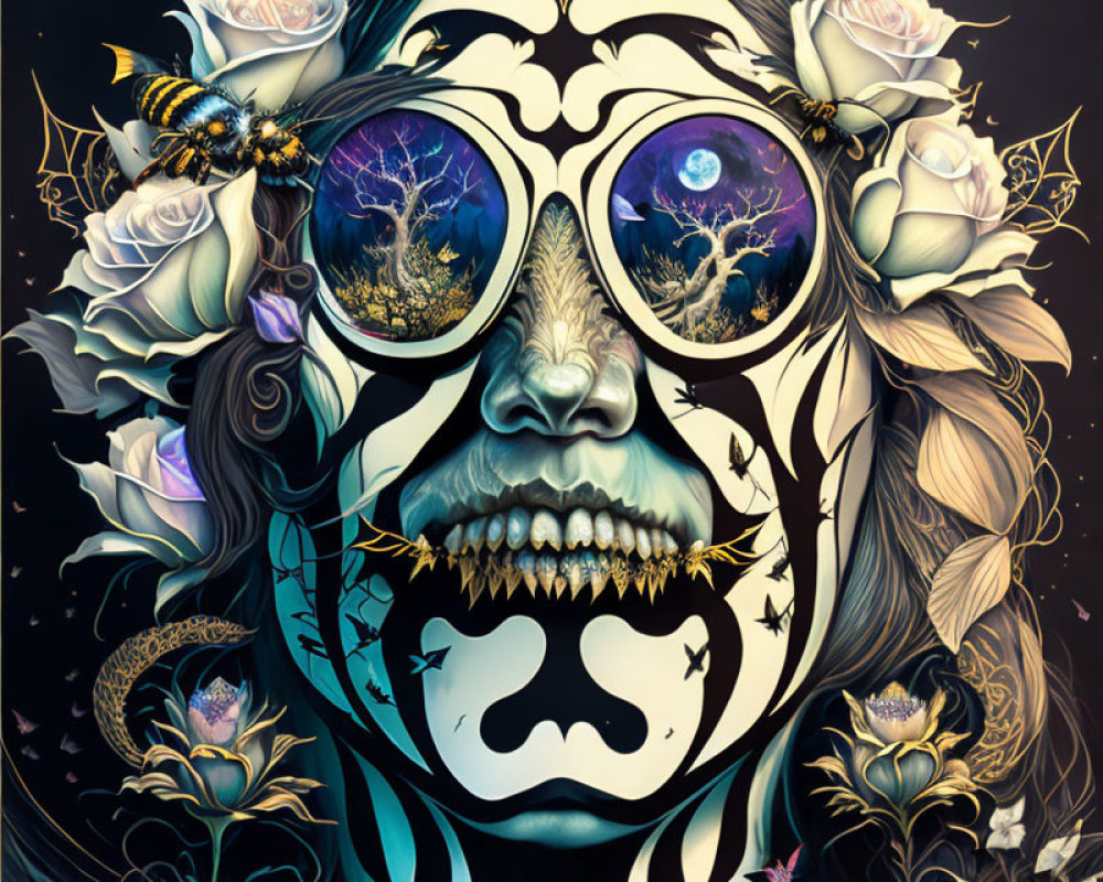 Surreal portrait with tree-like eyes, bee, thorns, and flowers on dark background