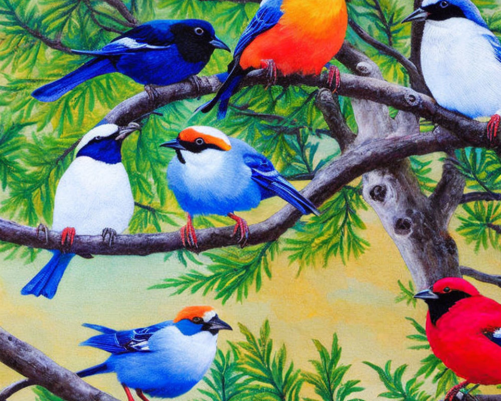 Vibrant bird species illustration on tree branches with detailed background