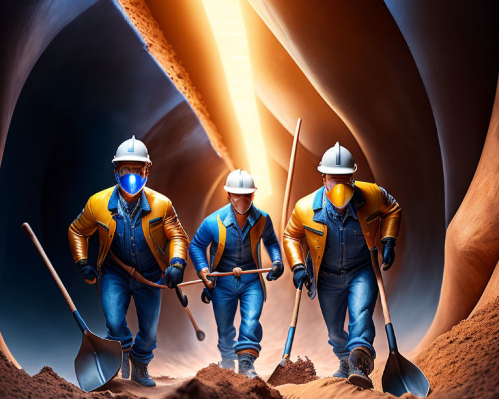 Three workers in hard hats and high-visibility vests with shovels in a sunlit cavern.