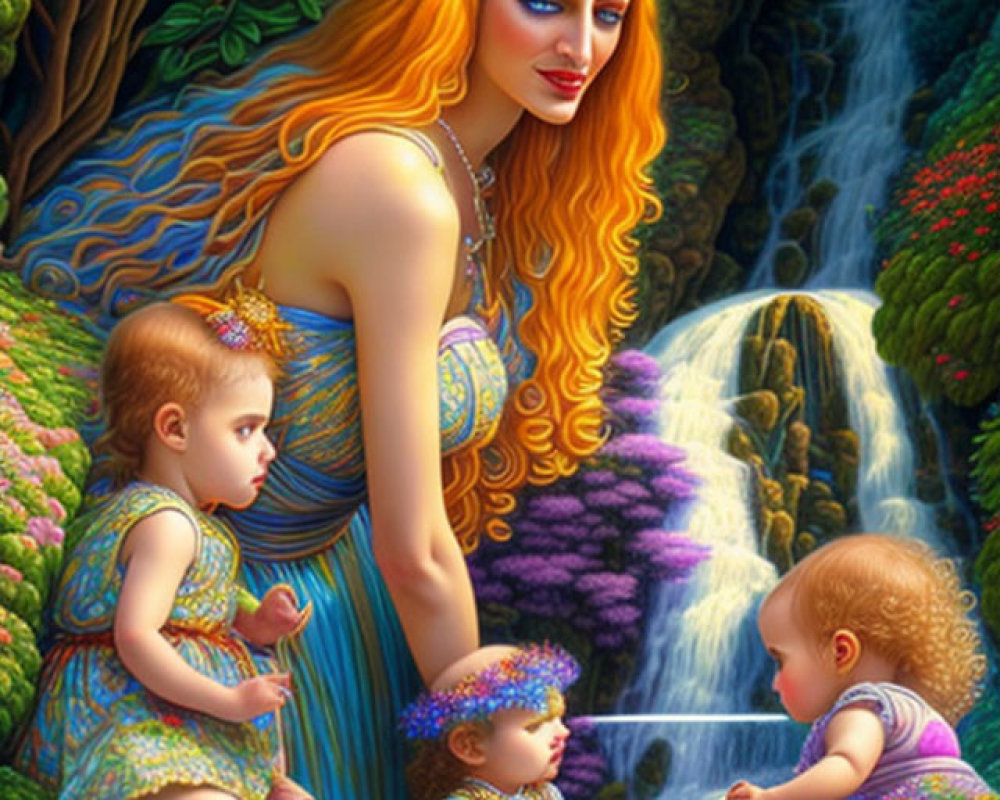 Red-haired woman with jeweled headpiece and toddlers in mystical forest.