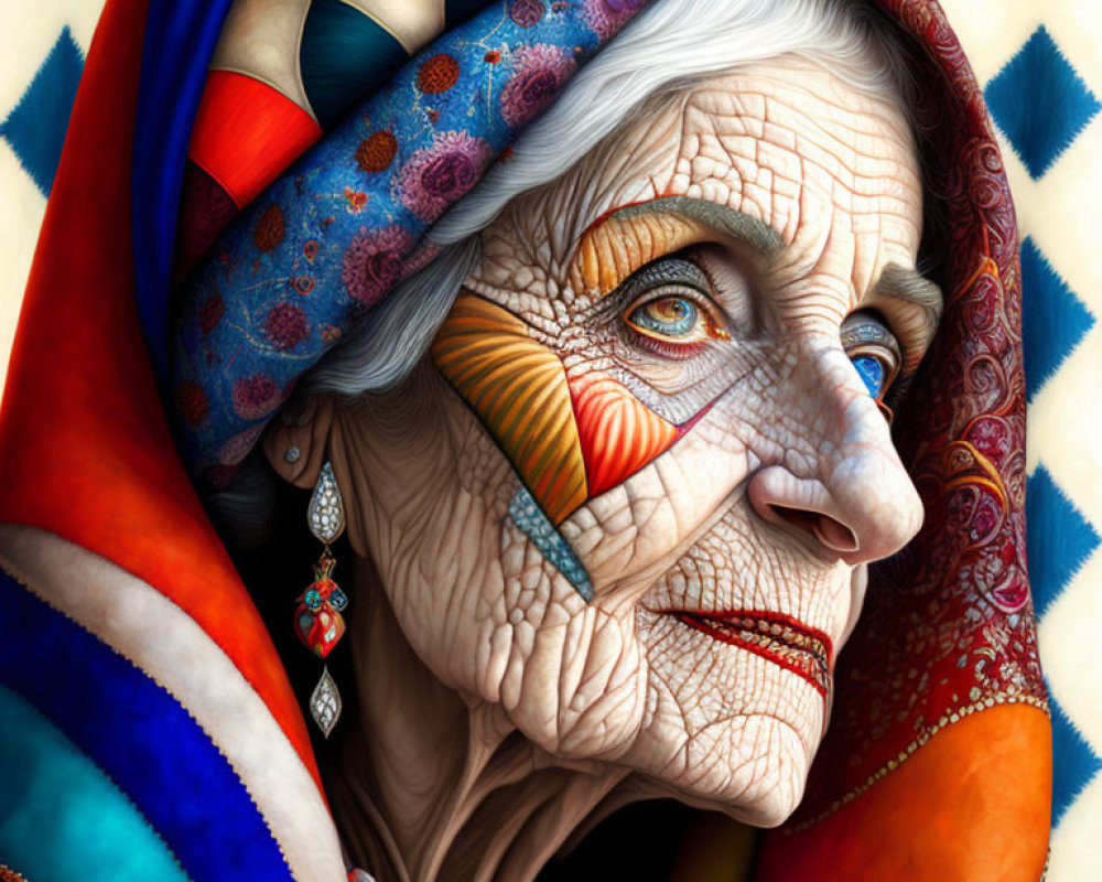 Elderly woman with vibrant face paint and headscarf, showing wisdom and cultural richness