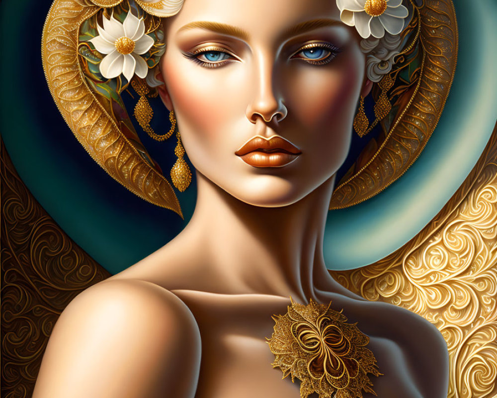 Woman with Golden Headdress and Ornate Jewelry in Stylized Artwork