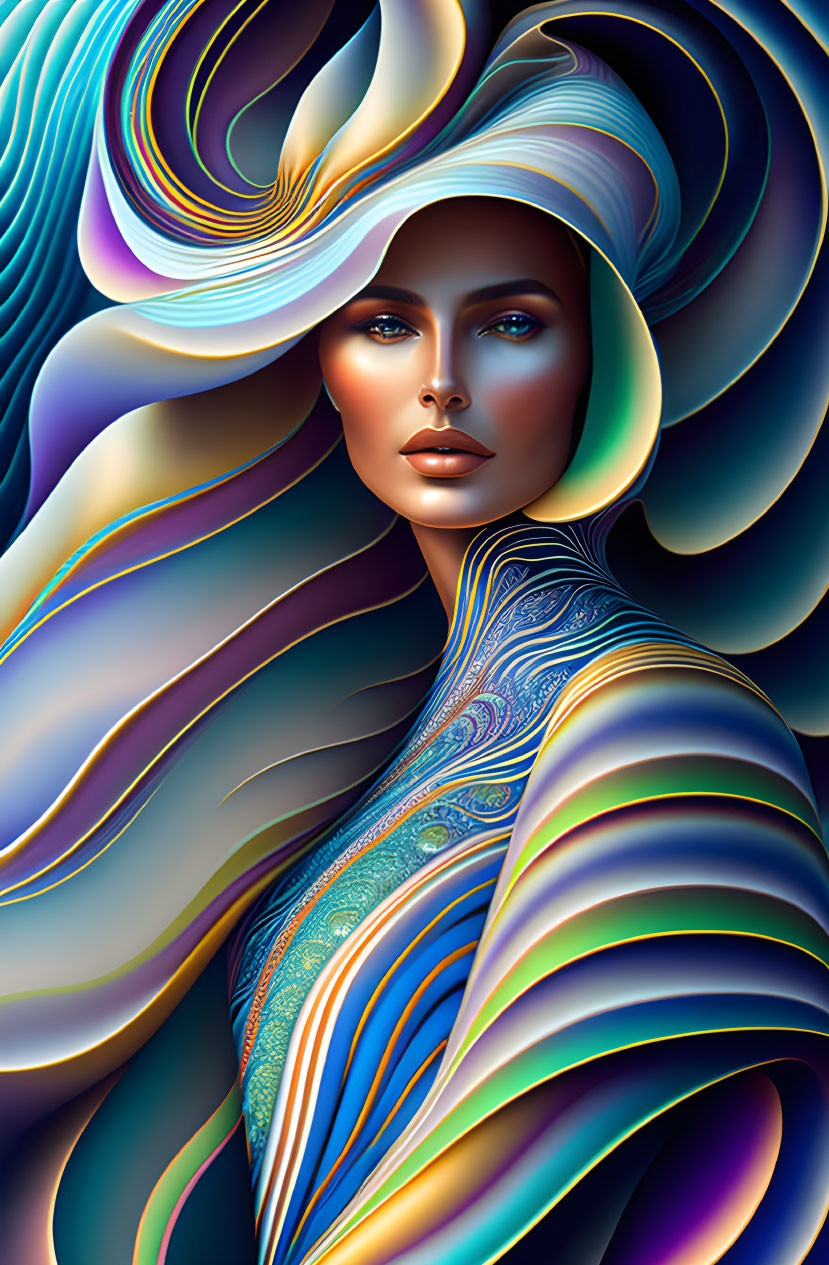 Colorful Wave-Like Patterns Surrounding Woman Portrait