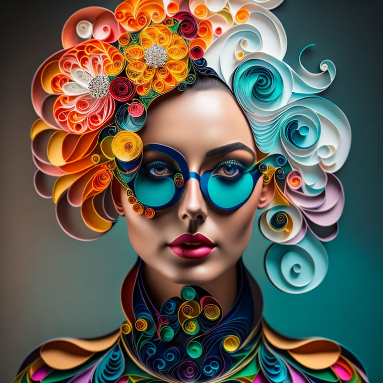 Colorful paper quilling hair ornaments on woman with blue sunglasses