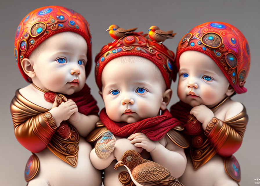 Ornately dressed animated babies with birds on soft background