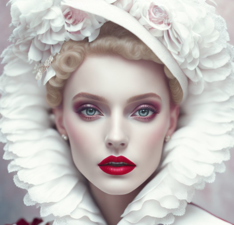 Woman with Striking Makeup and White Flower Headpiece on Soft Background