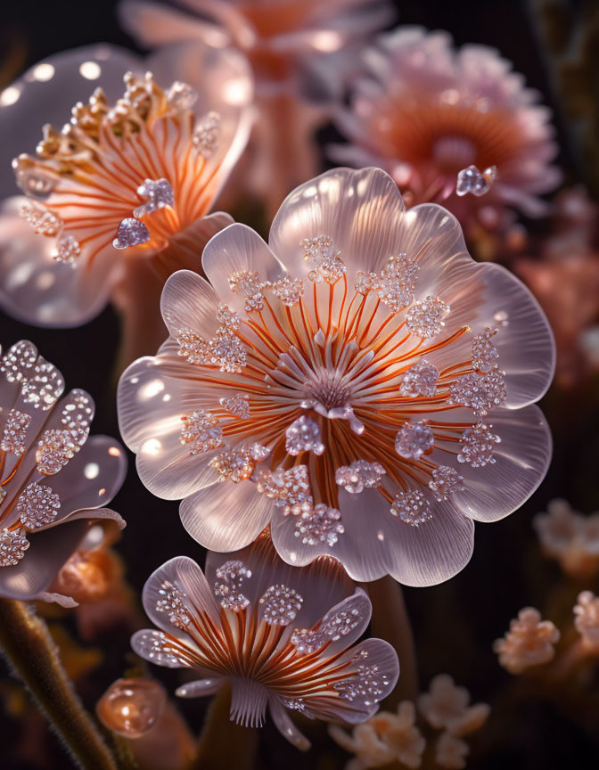 Translucent orange flowers with intricate patterns and dewdrops on dark background