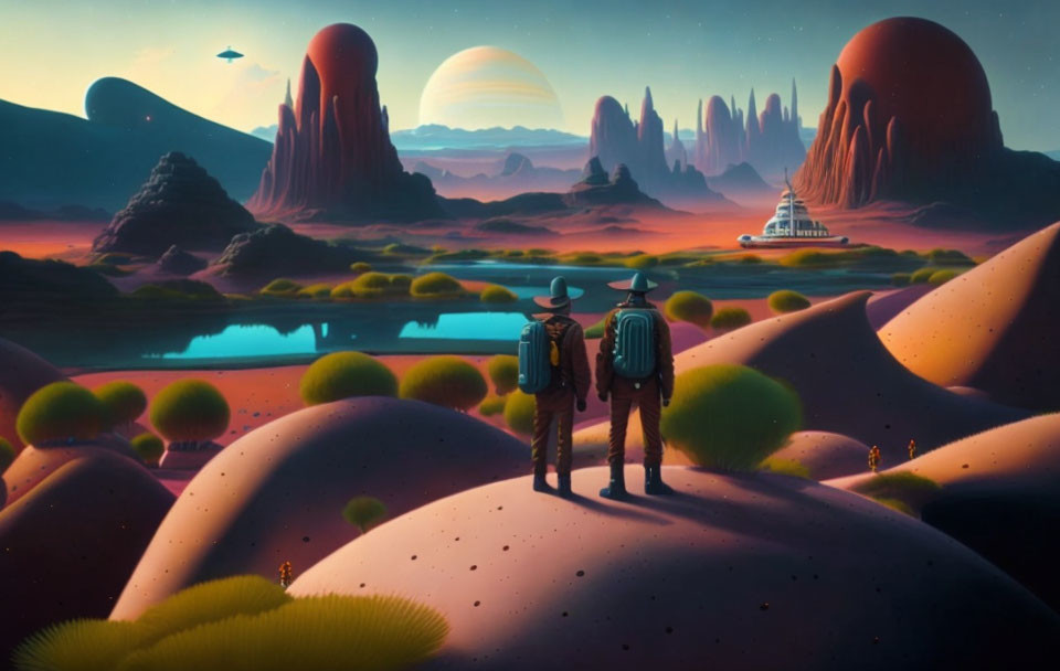 Exploration scene: Two astronauts on alien planet with rock formations, water body, buildings, and flying