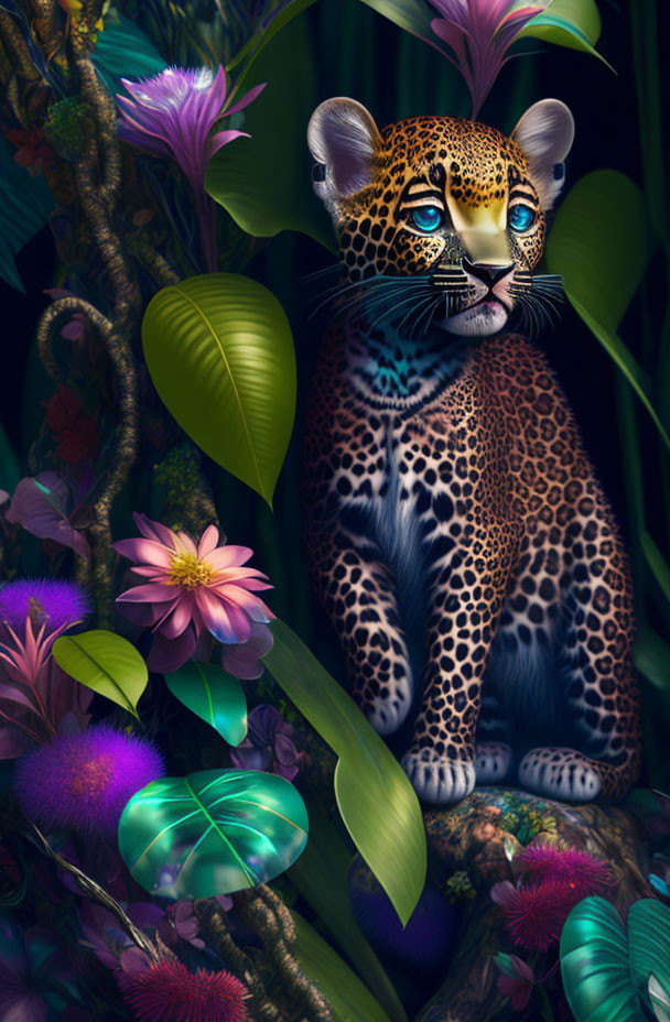 Colorful Leopard in Lush Foliage with Butterfly