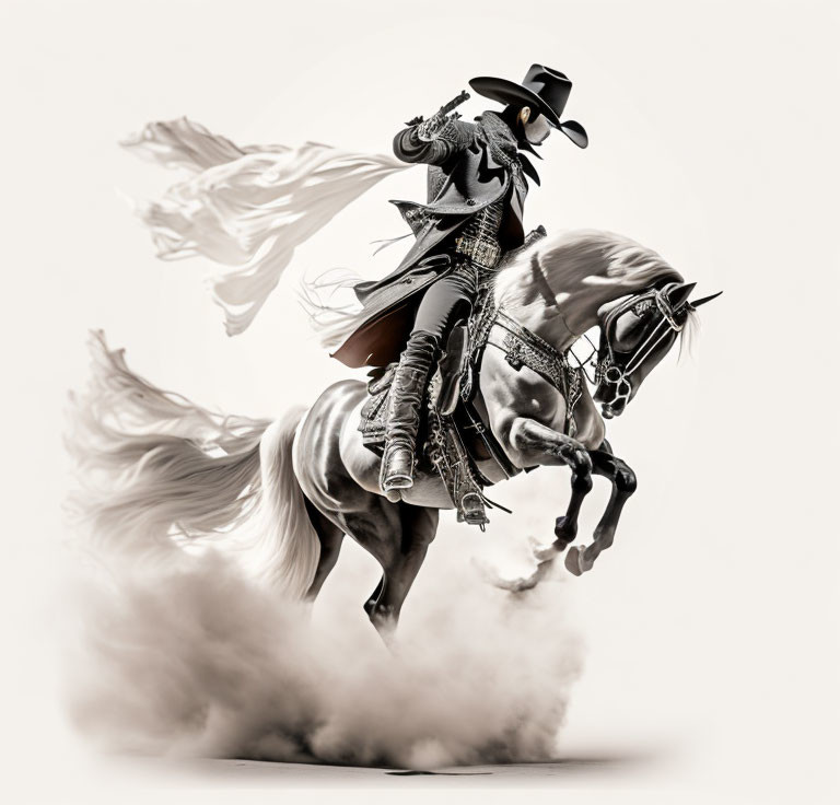 Monochrome image of cowboy riding galloping horse