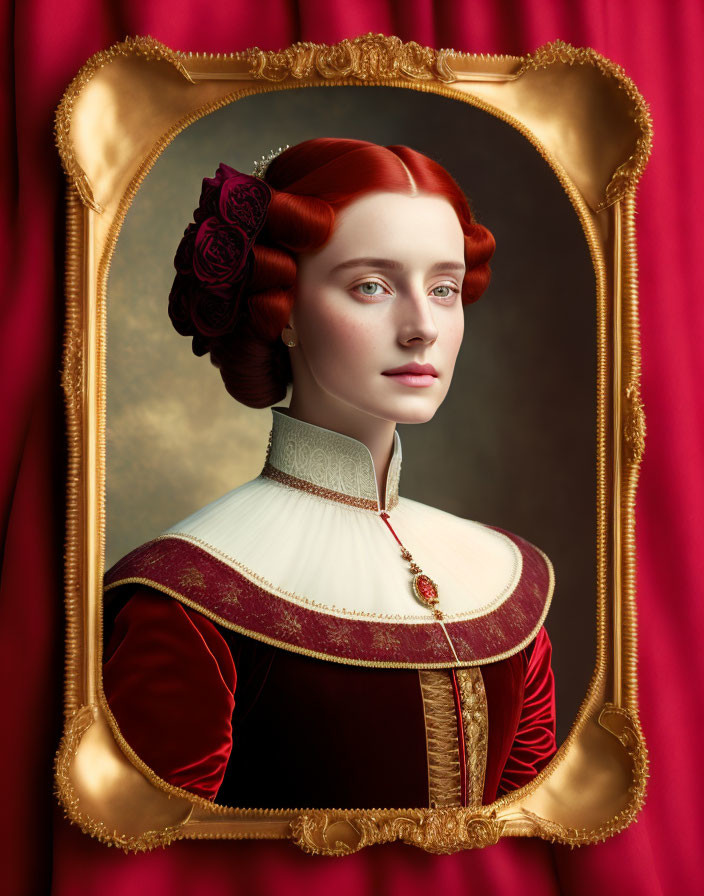 Red-haired woman in Renaissance burgundy dress with gold trim and rose accessory