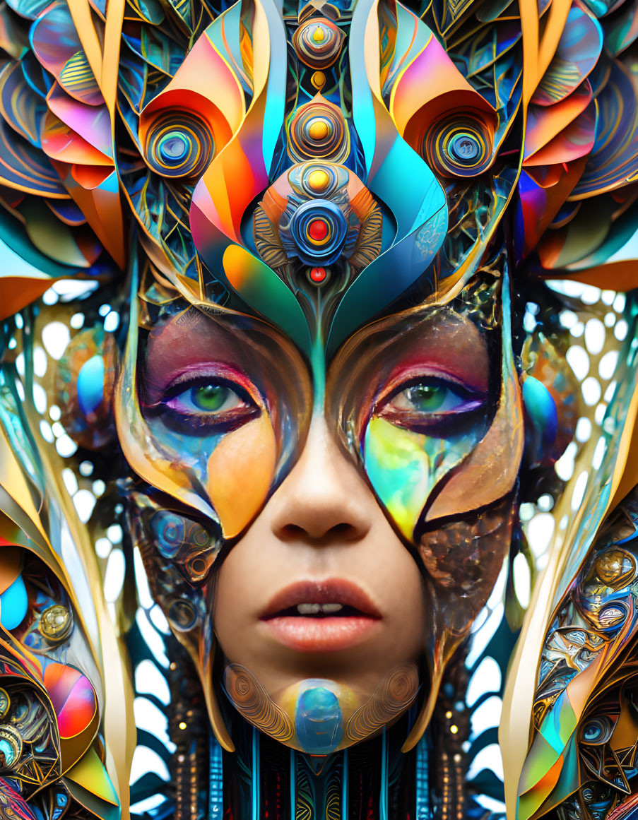 Colorful digital artwork: Intricate face with surreal patterns and shapes