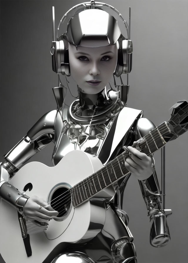 Female humanoid robot in futuristic helmet with acoustic guitar