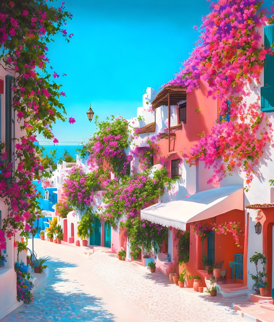 Picturesque street with white buildings, pink bougainvillea, cobblestones, and lampp