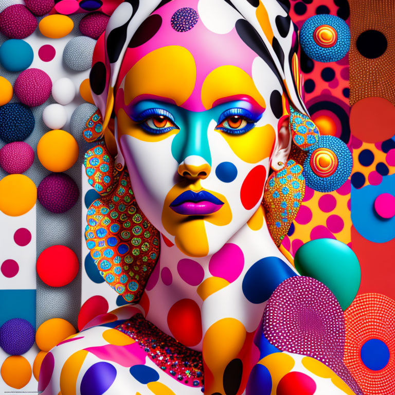 Colorful portrait of woman with multicolored makeup against patterned background.