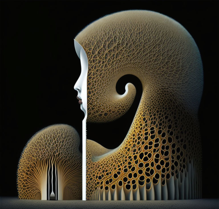 Woman's profile merging into intricate wave and shell patterns with fractal interior