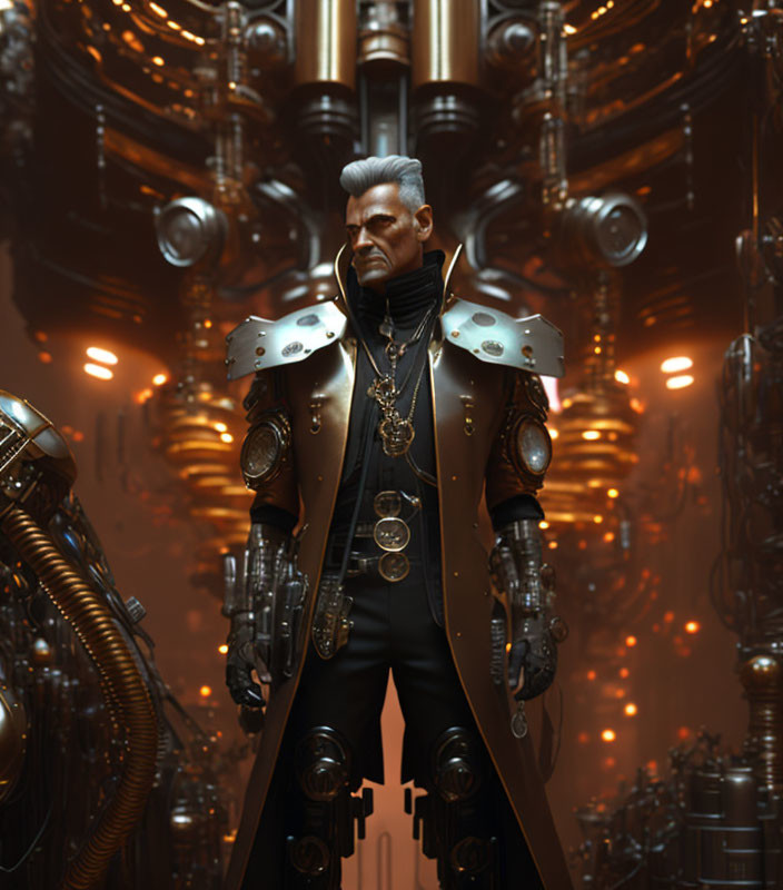 White-haired man in ornate black and gold coat in futuristic setting