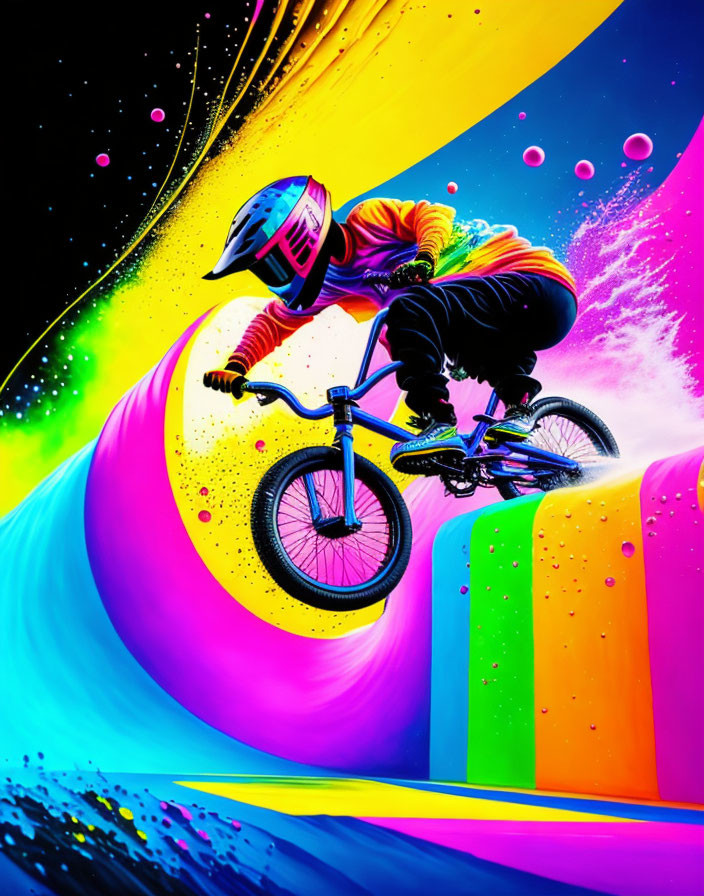 Cyclist in vibrant gear performs BMX trick in surreal, neon landscape