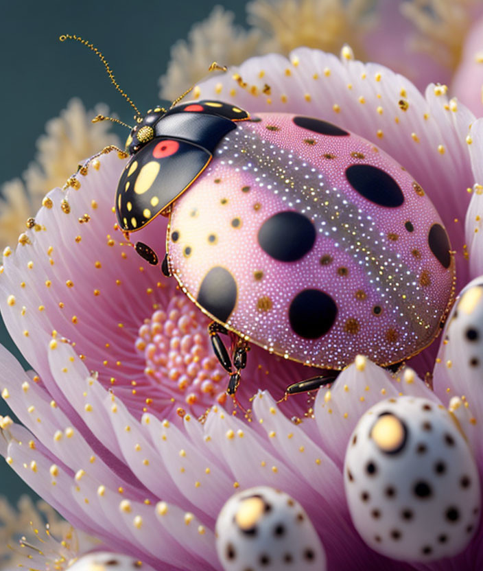 Realistic 3D illustration of ladybug on pink flower with sparkling dots