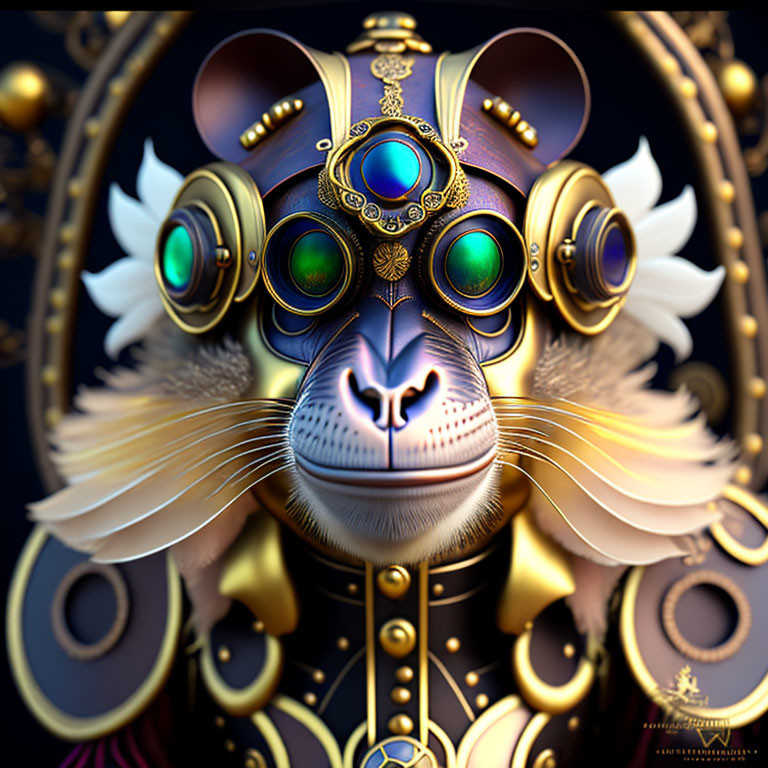 Steampunk anthropomorphic feline with goggles and ornate headgear on dark background