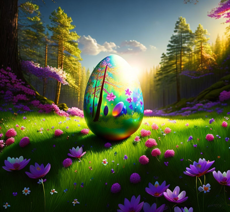 Colorful Easter egg on meadow with purple flowers and forest backdrop.